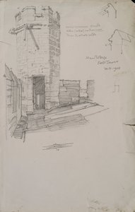 Skizze des Glockenturms am New College, zeigt Detail des bleigedeckten Dachs, 1908 Bleistift auf Papier von Edmund Hort New