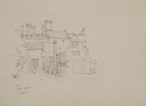 Skizze des Hofes hinter der Scheune des Wächters im New College, mit Unterkünften im Hintergrund von Edmund Hort New