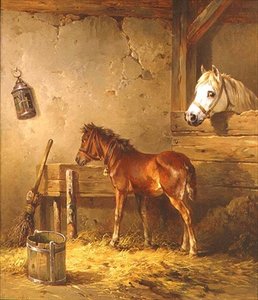 Stute und Fohlen in einem Stall von Edmund Mahlknecht