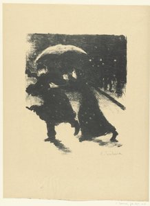 Mann und Frau unter einem Regenschirm im Schnee bei Nacht von Edouard Crébassa