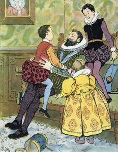 König von Frankreich Henri IV spielt mit seinen Kindern (1553-1610) Illustration von Edouard Zier in „Nos-Gloriers-Nationales“ 1920 Privatsammlung