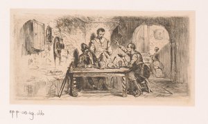 Drei Soldaten an einem Tisch auf einem Innenhof, einer liest aus einem Buch vor von Edouard Hamman