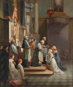 Besuch der Herzogin von Berry in der Kirche Notre Dame de Liesse im April 1819 von Édouard Henri Théophile Pingret