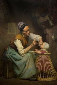 Eine alte Frau füttert ihre Enkelin in einem Weidenkinderwagen von Edouard Jerome Paupion