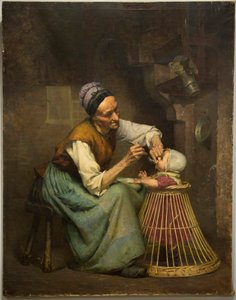 Eine alte Frau füttert ihre Enkelin in einem Weidenkinderwagen von Edouard Jerome Paupion