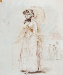 Frau mit offenem Regenschirm spazierend, 1880