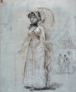 Frau mit offenem Regenschirm gehend, 1880