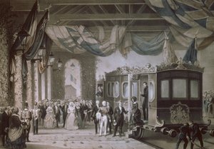 Königin Victoria (1819-1901) und Prinz Albert (1819-61) Ankunft am Bahnhof Gosport, Hampshire, graviert von Bayot & Cuvilier, 1846
