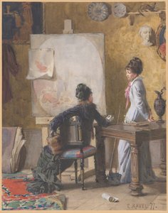 Adéle de Saussure und Marie-Louise Ravel, die Frau des Künstlers, in seinem Atelier