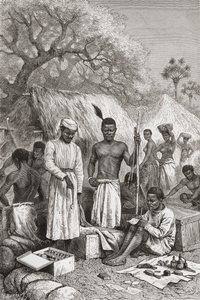 Abdullah Souzi, Jacob Wainright und James Chouma, Dr. David Livingstones drei Diener, die nach seinem Tod 1873 seinen Besitz inventarisieren, Illustration aus "Die Welt in den Händen", graviert von Charles Barbant