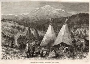Ein Indianerlager im Utah-Territorium, am Ufer des Riviere Verte. Gravur nach der Zeichnung von E. Riou, um die Geschichte La conquete blanche von William Hepworth Dixon in 1875 zu illustrieren, veröffentlicht in "Le tour du monde" 1876, herausgegeben von 