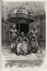 Ardjoumani (gestorben 1892) und seine Söhne, König von Bondoukou (Elfenbeinküste). Gravur von Riou, zur Illustration der Geschichte „Vom Niger zum Golf von Guinea“ von Hauptmann Louis Gustave Binger (1856-1936), 1887-1889, in Le Tour du monde.