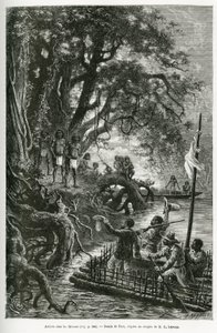 Ankunft des Floßes von Dr. Crevaux und E. Lejeanne an den Ufern des Dorfes Mitouas. Gravur von Riou, zur Illustration der Entdeckungsreise durch Neugranada und Venezuela, von Dr. Crevaux, Arzt erster Klasse der Marine und E. Lejeanne