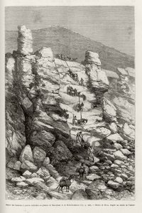 Aspekt der Höhen mit senkrechten Wänden am Dasoulami- und Bobodioulasou-Plateau (Golf von Guinea), Beschreibung der Techniken zum Einhaken der Berge des Expeditionskonvois. Gravur von Riou, zur Illustration der Geschichte „Von Niger zum Golf von Guinea“