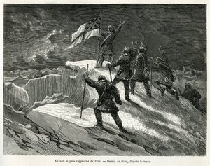 Kapitän George Strong Nares (1831-1915) pflanzte die britische Flagge an der dem Pol am nächsten gelegenen Stelle, Zeichnung von Riou, um die Geschichte einer Reise zum Polarmeer in 1875-1876 von Kapitän G. S. Nares zu illustrieren. Gravur in Le tour du mo