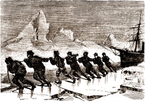 Besatzung von Seeleuten zieht ein Segelboot auf einer Eisscholle von Edouard Riou
