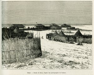 Dakar. Gravur von Riou zur Illustration der Geschichte „Reise nach La Plata, drei Monate Urlaub“ von Emile Blaireaux 1886, in Le Tour du monde 1887, unter der Leitung von Edouard Charton (1807-1890), Hachette, Paris. von Edouard Riou