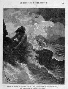 Dantès entkommt schwimmend - Gravur von Riou, in „Der Graf von Monte Cristo“ von A. Dumas, ed. Jules Rouff & Cie