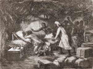 Tod von Dr. Livingstone im Dorf Tchitammbo, Afrika, 1873, Illustration aus "Die Welt in den Händen", veröffentlicht 1878