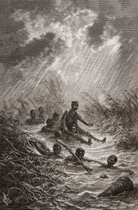 Dr. David Livingstone wird während seiner Expedition nach Afrika 1872 von Trägern durch einen Sumpf getragen, Illustration aus „Die Welt in den Händen“, graviert von Charles Laplante von Edouard Riou