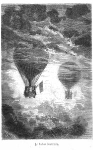 Zeichnung aus dem Buch von Jules Verne „Fünf Wochen im Ballon“ Sammlung Hetzel/Außergewöhnliche Reisen. Der Victoria-Ballon trifft einen anderen Ballon in den Wolken