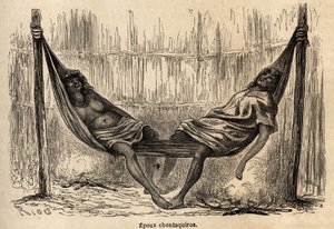 Indische Ehemänner Chontaquiros aus Peru schlafen in ihrer Brauthängematte, Zeichnung von Riou zur Illustration der Reise von 1848 bis 1860 von P. Marcoy, vom Pazifik zum Atlantik. Gravur in „Le tour du monde“, herausgegeben von Edouard Charton