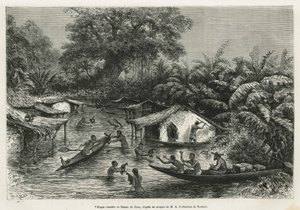 Überflutete Dörfer, Zeichnung von Riou, um die Geschichte einer Reise nach Gabun und zum Ogoue-Fluss in 1875-1877 von Alfred Marche zu illustrieren. Gravur in Le tour du monde