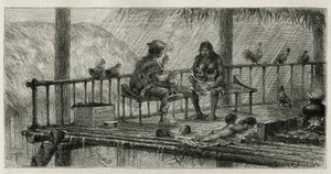 Innenszene in San Pablo, eine Familie, die sich vor dem Regen schützt, der Vater raucht eine Zigarillo, die Mutter stillt zwei Babys, und das Kind spielt mit einem kleinen Tier, auf dem Boden auf einer Tierhaut liegend, Illustration von Riou von Edouard Riou