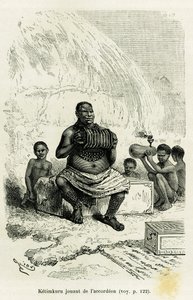 Ketimkuru, Stammesführer, spielt Akkordeon. Gravur von Riou zur Illustration der Geschichte Les lacs de l