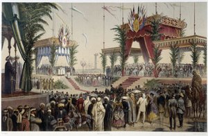 Die Tribüne der Souveräne in „Einweihung des Suezkanals“ von G. Nicole. 1869