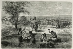 Die Wasserträger und Wäscherinnen von Cartago (Kolumbien), Gravur von Riou, zur Illustration der Geschichte von Amerika Equinoxiale von E. Andre, einer Mission im Auftrag der französischen Regierung, veröffentlicht in Le tour du monde, unter der Leitung vo