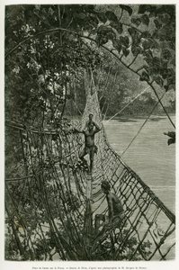 Lianenbrücke über den Passa. Gravur von Riou zur Illustration der Geschichte Voyages dans l