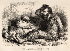 Leutnant Tyson bei seiner morgendlichen Toilette, ein Kamm vor dem Anziehen seiner Stiefel, Radierung nach einer Zeichnung von E. Riou, die die Geschichte des Polaris-Eisfloßes von Leutnant Tyson in 1870-1873 illustriert, veröffentlicht in "Le tour du mond
