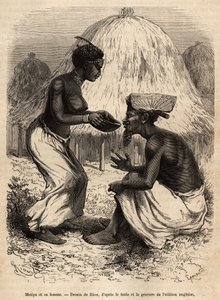 Matipa, ein indigener Mann, der Livingstones Team Kanus zur Verfügung stellte, wurde von seiner Frau bedient, graviert nach einer Zeichnung von Riou, zur Illustration von David Livingstones letztem Tagebuch (1813-1873), 1866-1873, veröffentlicht in „Le tou