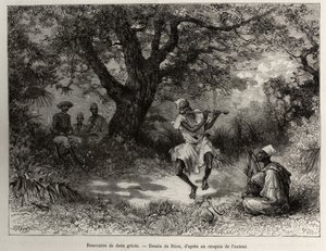 Treffen mit zwei Griots, Kapitän Binger, der im Schatten sitzt, genießt die Show. Gravur von Riou, zur Illustration der Geschichte „Vom Niger zum Golf von Guinea“ von Kapitän Louis Gustave Binger (1856-1936), 1887-1889, in Le tour du monde, nouveau journal von Edouard Riou