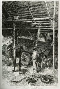 Morgendlicher Angriff auf die Hütte des Entdeckers durch Indianer von den Ufern des Amazonas. Gravur von Riou, zur Illustration der Geschichte von Cayenne zu den Anden von Jules Crevaux, Arzt der französischen Marine, 1878-1879, veröffentlicht in Le tour d