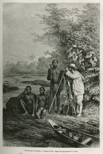 Beobachtung am Theodolit, Dr. Crevaux mit seinen Messinstrumenten und seinem Team von Führern und Trägern, bei voller Arbeitssitzung, Gravur nach einer Zeichnung von Riou, um die Geschichte De Cayenne aux Andes von Jules Crevaux, Arzt der französischen Mar