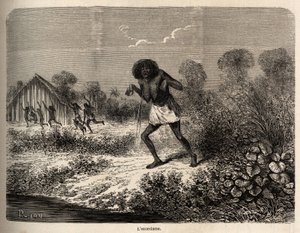 Panik unter den Conibos-Indianern, die bei der Ankunft der Expedition von Paul Marcoy in der Nähe von Tumbaya (Peru) flohen, der selbst Opfer einer bösen Beschwörung durch einen alten Indianer wurde, Zeichnung von Riou zur Illustration der Reise von 1848 b