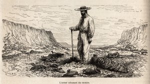 Paul Marcoy exhumiert Inka-Mumien (Unteres Peru), Gravur von E. Riou zur Illustration der Reise in die Berge, das Tal von Huarancalqui und die Regionen von Pjonal, 1862-1863, von Paul Marcoy, veröffentlicht in „Le tour du monde“ 1875, herausgegeben von Edo von Edouard Riou