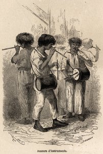 Spieler von Musikinstrumenten in Sarayacu (Peru), Zeichnung von Riou, zur Illustration von Paul Marcoys Reise vom Pazifischen Ozean zum Atlantischen Ozean von 1848 bis 1860. Gravur in „Le tour du monde“, herausgegeben von Edouard Charton