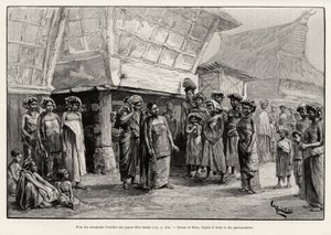 Spielende Ohrschmucke bei Batak-Mädchen, ethnische Gruppe von Nord-Sumatra. Gravur von Riou zur Illustration der Geschichte „Ein Jahr in Malaysia“, von Jules Claine (1856-1939)