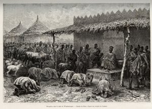 Empfang beim Naba Sanem, aus dem Mossi-Königreich von Waghadougou (Ouagadougou, Burkina Faso). Gravur von Riou, zur Illustration der Geschichte 