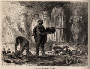 Restaurierung von Heiligenstatuen in Sarayacu (Peru), Zeichnung von Riou, zur Illustration von Paul Marcoys Reise vom Pazifik zum Atlantik von 1848 bis 1860. Gravur in 