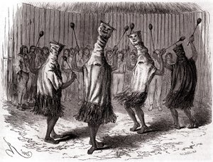 Ritueller Tanz der Ticuna-Indianer aus Peru mit Verkleidungen und Masken von Edouard Riou