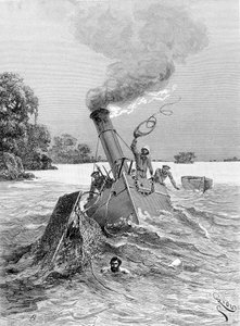 Untergang des Dampfschiffs. In „Reise in Westafrika“ von Brazza von Edouard Riou