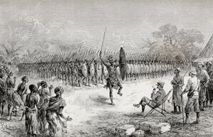 Sir Henry Morton Stanley beobachtet einen Phalanx-Tanz von Mazambonis Kriegern in Usiri, 1890 (Holzstich) von Edouard Riou