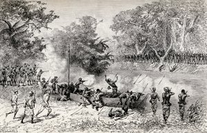 Sir Henry Morton Stanleys Emin-Pascha-Entlastungsexpedition wird von Avisibba-Kannibalen mit vergifteten Pfeilen angegriffen, 1890 (Holzstich) von Edouard Riou