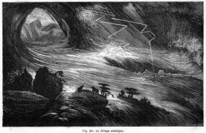 Die asiatische Sintflut: eine Katastrophe, die die in der Bibel beschriebene Sintflut inspiriert haben könnte: aus dem Buch von Louis Figuier „La Terre avant le deluge“, Ausgabe Hachette 1872 von Edouard Riou