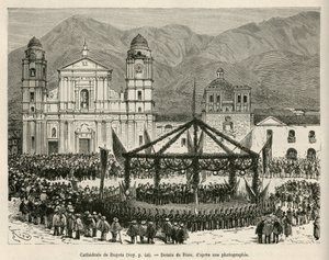 Die Kathedrale von Bogotá, auf dem Bolivar-Platz (Kolumbien), während der jährlichen Feier der Unabhängigkeit (18. Dezember), zu diesem Anlass wurde ein ephemerer Kiosk errichtet, um das Orchester unterzubringen, Zeichnung von E. Riou, um die Reise nach Äq von Edouard Riou