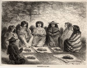 Das Kauen von Gunapo zur Herstellung von Chicha in Comtapata, Erbe der Fermentationstechnik der alten Aymara-Indianer von Oberperu. Zeichnung von Riou zur Illustration der Reise durch Südamerika 1848-1860 von Paul Marcoy